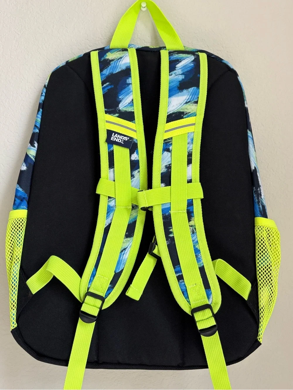 Lands End Kids ClassMate Medium Backpack Navy Neon Green Brushstroke Durable